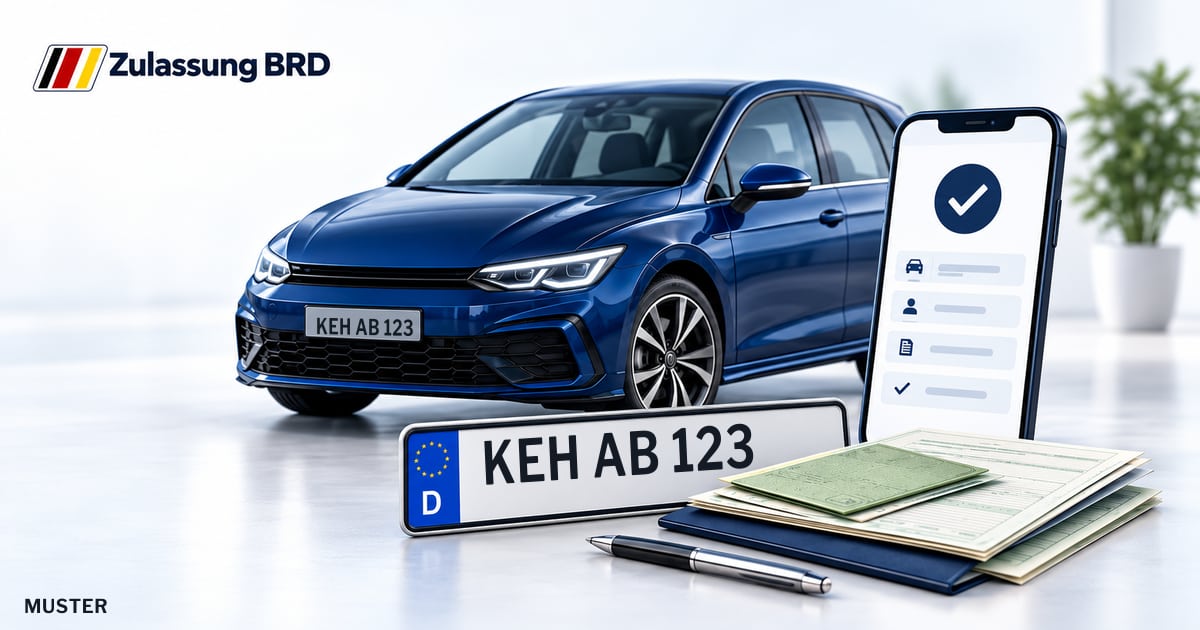 Online Fahrzeugzulassung in Bad Abbach: Musterkennzeichen KEH AB 123, Auto und Fahrzeugpapiere und Smartphone. Illustration mit Logo von Zulassung BRD.